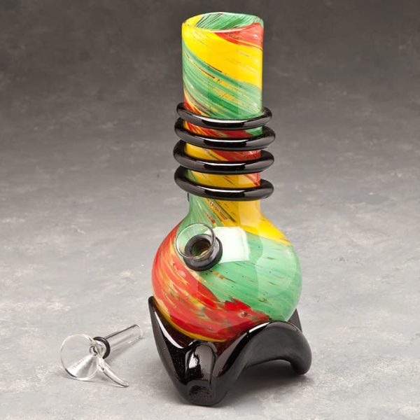 7" Rasta Color Swirl Soft Glass Water Pipe w/Coil, Slide and Fancy Base