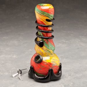 7" Rasta Color Swirl Contoured Soft Glass Water Pipe w/Coil, Slide and Fancy Base