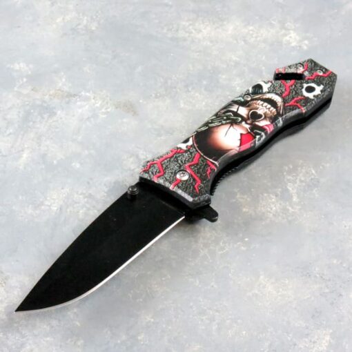 3.25" Bulletproof Skull Spring Assisted Knife w/Clip, Glass Breaker and Belt Cutter