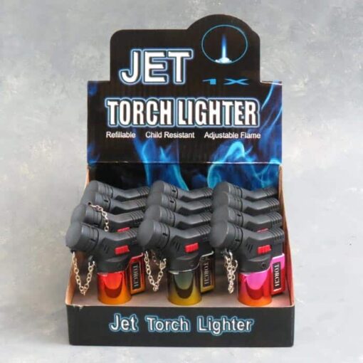 3" Angled Refillable Jet Torch Lighters w/Lock, Cap, and Metallic Gradient Designs