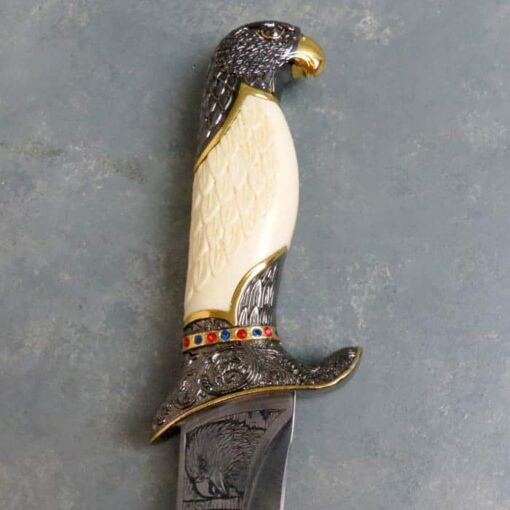 8" Ornate Faux Ivory Etched Eagle Wildlife Bowie Knife