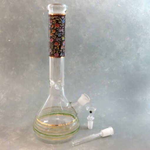 13" Floral Pattern w/ Gold Accent Glass Water Pipe w/Diffused Downstem & Ice Catch