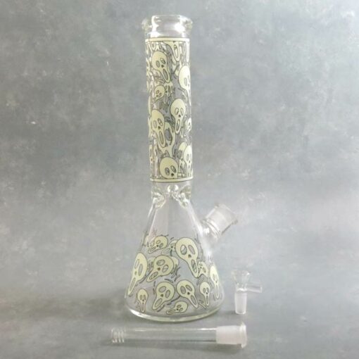 14" Beaker Style Glow-in-the-Dark Ghosts Glass Water Pipe w/Ice Catch and Diffused Downstem