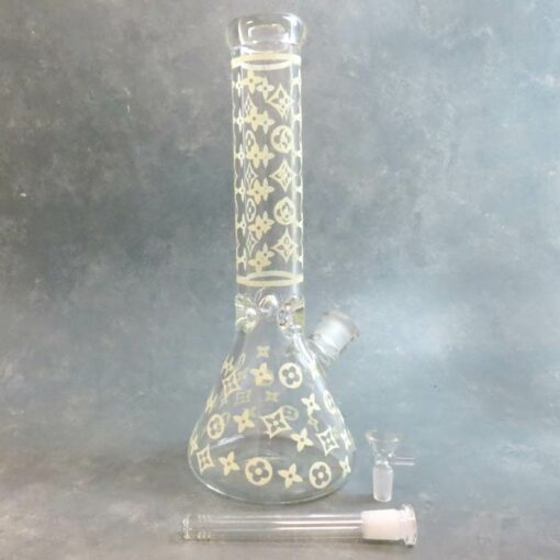 14" Glow-in-the-Dark LV Beaker-Style Water Pipe w/Ice Catch & Diffused Downstem