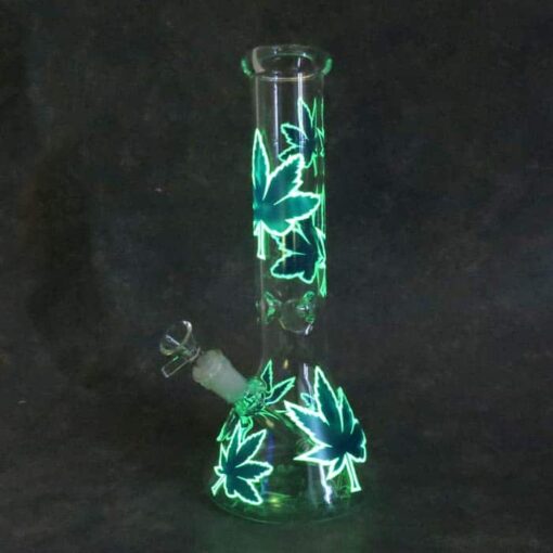 13" Glow-in-the-Dark Canibus Leaf Beaker-Style Thick Glass Water Pipe w/Ice Catch and Diffused Downstem