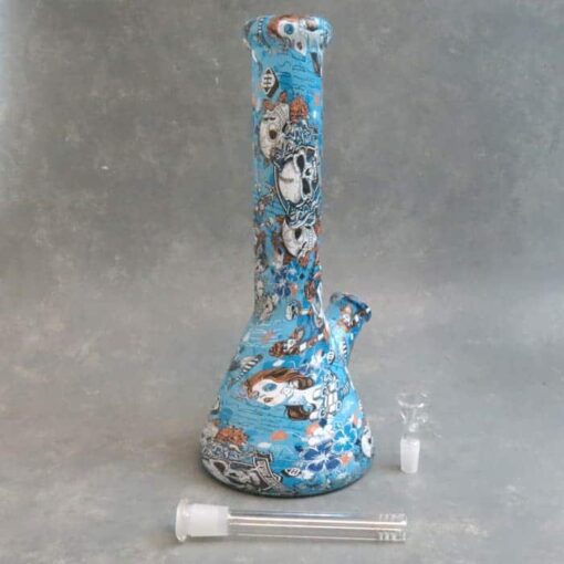 13" Roller Derby Girls & Skulls Beaker-Style Thick Glass Water Pipe w/Ice Catch and Diffused Downstem
