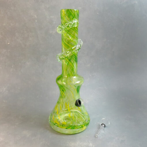 14" Color Streak to Color Blots Curvy Beaker Style Soft Glass Water Pipe w/Fancy Coil Wrap & Slide