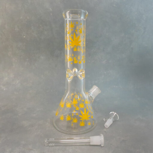 12" Leaves Pattern Clear Beaker Style Glass Water Pipe w/Ice Catch & Diffused Downstem