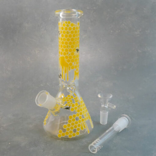 8" Bees & Honey Glow-in-the-Dark Beaker Style Glass Water Pipe w/Ice Catch & Diffused Downstem