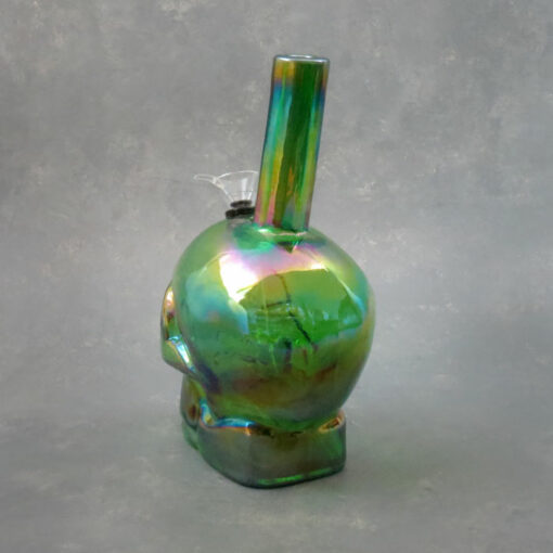 9" 'Iridescent' Skull-Shaped Glow-in-the-Dark Soft Glass Water Pipe w/Slide Bowl