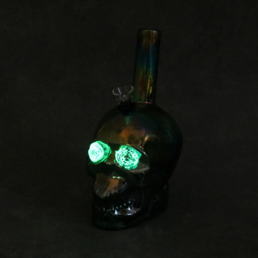 9" 'Iridescent' Skull-Shaped Glow-in-the-Dark Soft Glass Water Pipe w/Slide Bowl