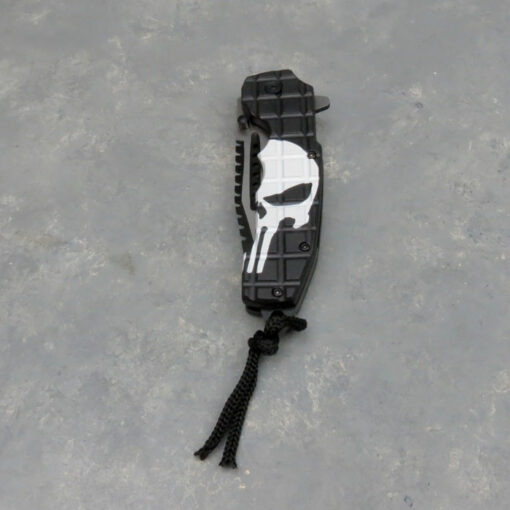 3.25" Drop Point Style Skull Design Spring Assisted Knife w/Clip, Lanyard and Serrated on top