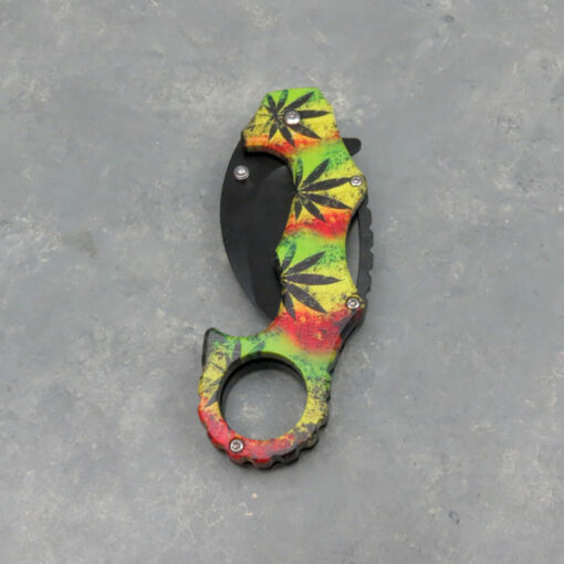3" Hawkbill Style Rasta Leaf Design Spring Assisted Knife w/Clip, Ring Handle