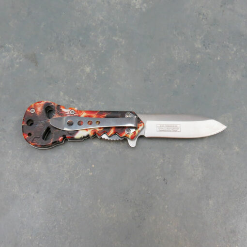 3.25" Drop Point Style Key Shaped Fire Skull Spring Assisted Knife w/Clip
