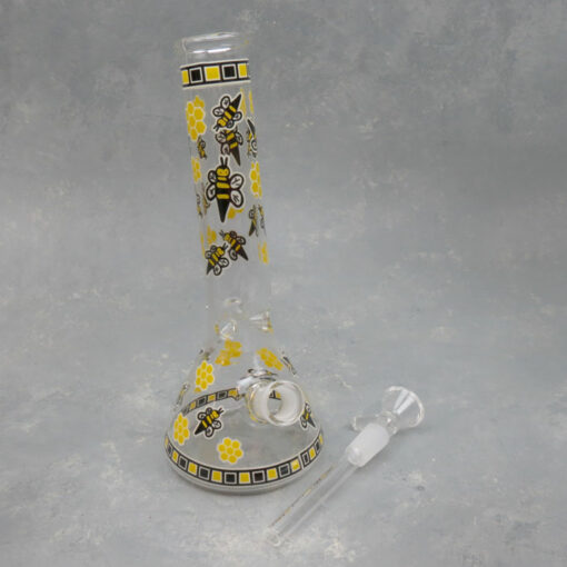 9" Angled Beaker Style Glass Water Pipe w/Bee Graphics