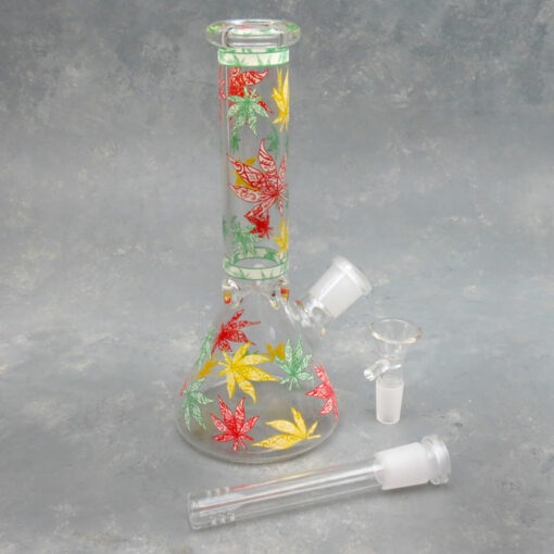 8" Rasta Leaf Graphic Beaker Style Glass Water Pipe w/Ice Catch & Diffused Downstem