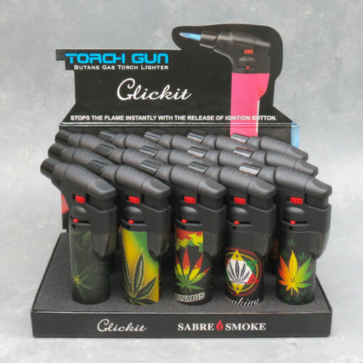 4.5″ Clickit Refillable Single Adjustable Torch Lighters w/Leaf Designs & Display