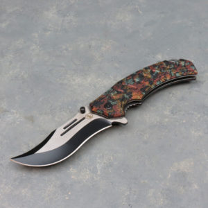 4″ Curved Metallic Camo Spring Assisted Knife w/Clip & Lanyard Loop