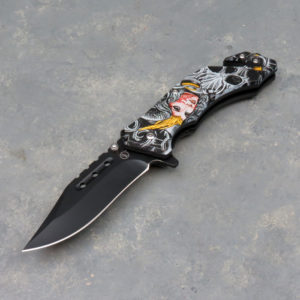 3.5″ Skull/Woman Spring Assisted Knife w/Clip, Glass Breaker and Belt Cutter
