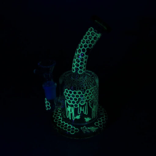 7" Glow-in-the-Dark Honeycomb & Bees Rig Style Glass Water Pipe w/Inline Perc & Bent Mouthpiece