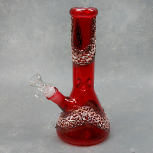 9" Beaker-Style Textured Red Glass Water Pipe w/Ice Catch & Diffused Downstem