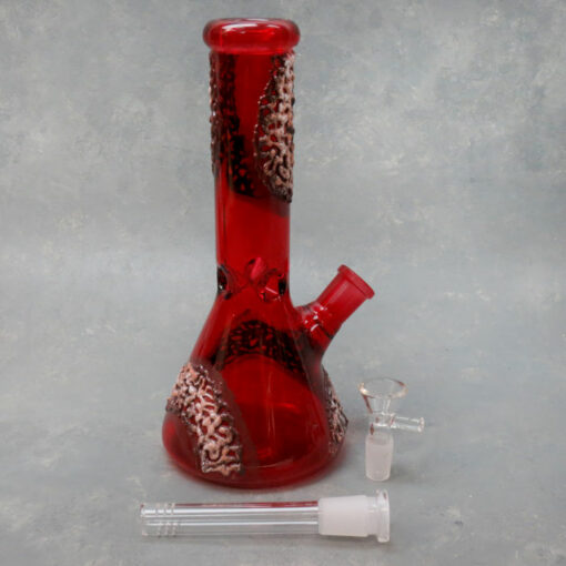9" Beaker-Style Textured Red Glass Water Pipe w/Ice Catch & Diffused Downstem