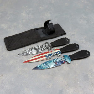 7.5" Assorted Design Snake Eye Tactical 3-pc Throwing Knives w/Belt Sheath & Paracord Wrap