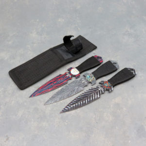 7.5" Assorted Pattern Snake Eye Tactical 3-pc Throwing Knives w/Belt Sheath & Paracord Wrap