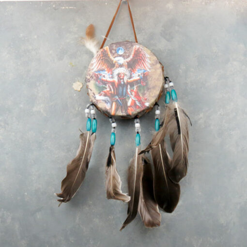 5" Kinnex Dream Catcher Drum w/Beaded Feathers & Assorted Native Designs