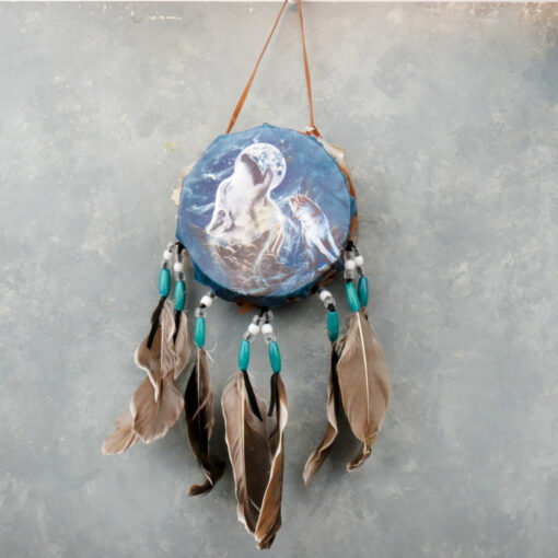 5" Kinnex Dream Catcher Drum w/Beaded Feathers & Assorted Native Designs