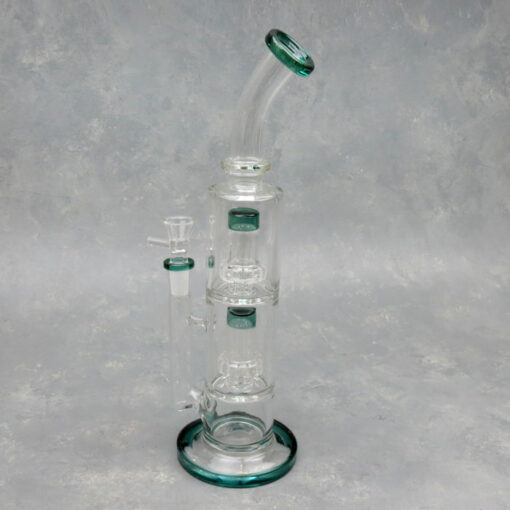 12" Double UFO Perc Narrow Color Accent Glass Water Pipe w/Ring & Bent Mouthpiece