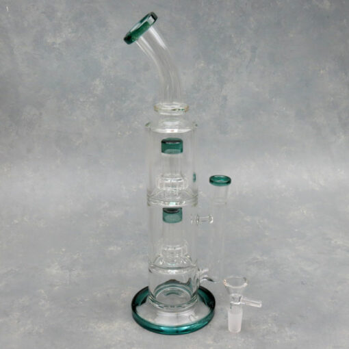12" Double UFO Perc Narrow Color Accent Glass Water Pipe w/Ring & Bent Mouthpiece
