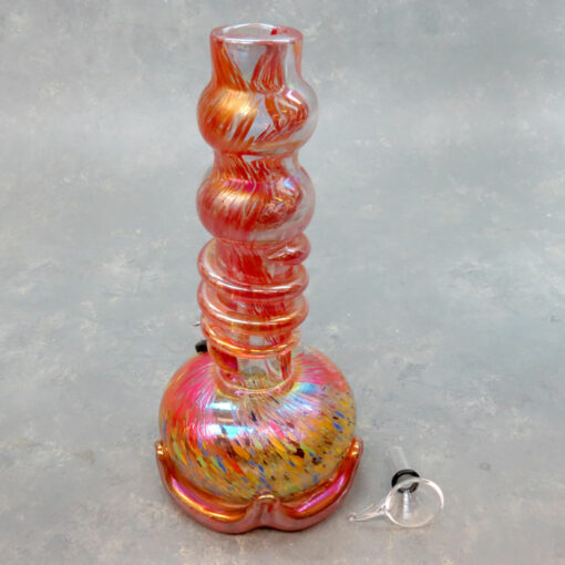 8" Beaded Neck Multicolor Iridescent Fancy Base Soft Glass Water Pipe w/Coil Wrap