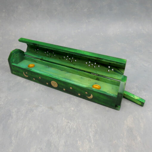 12" Inlaid Sun & Moon Wooden Box-Style Incense Burners w/Storage (6pcs/pk)