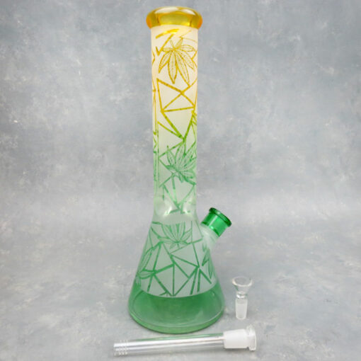 14" Color Fade Geometric Etched Leaves Beaker Style Glass Water Pipe w/Ice Pinch & Diffused Downstem