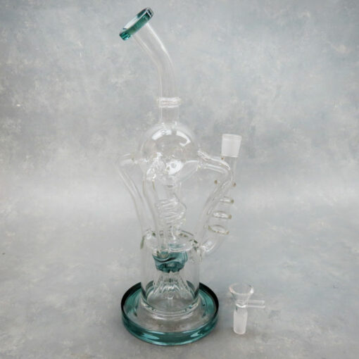 13" Sprinkler Perc to Quad/Coil Recycler Color Accent Glass Water Pipe w/Narrow Bent Mouthpiece