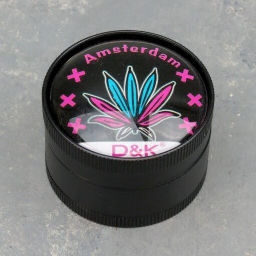 50mm D&K Glass-Top Leaf/Amsterdam Graphic 3-Part Grinders w/Knurling & Scraper