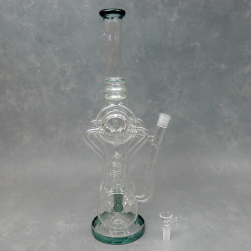 16.5" Split Inline Perc Mirrored Double Puck & Coil Recycler Glass Water Pipe w/Neck Ribbing & Color Accents