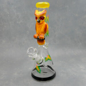 13.5" 3D Molded Hand Painted Owl/Leaves Beaker Glass Water Pipe w/Ice Catch and Diffused Downstem
