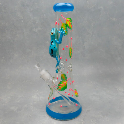 13.5" 3D Molded Hand Painted Glow-in-the-Dark Frog/Leaves/Dots Beaker Glass Water Pipe w/Ice Catch and Diffused Downstem