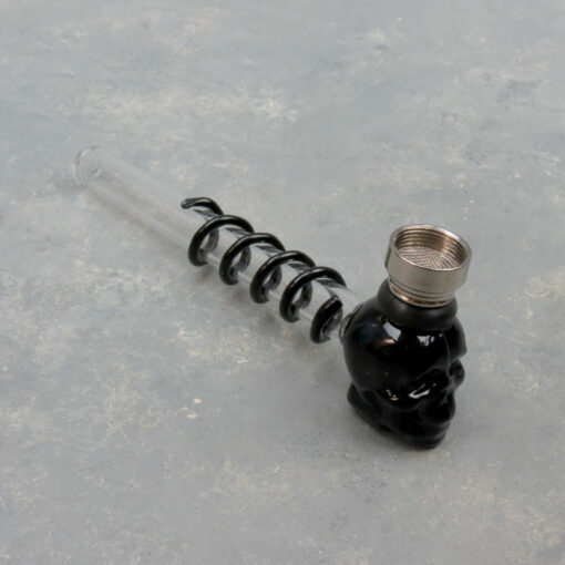 5.5" Coiled Glass Skull Pipes w/Metal Bowl & Screen