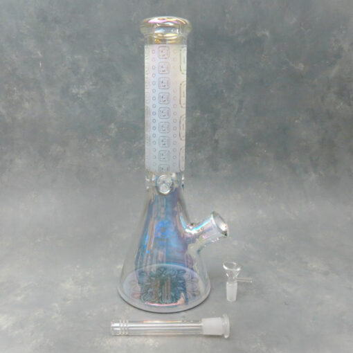 14" Etched Iridescent Hieroglyphic/Lotus Beaker Glass Water Pipe w/Ice Pinch & Diffused Downstem