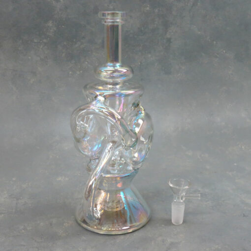 9" Iridescent Showerhead Perc to Double Puck Recycler Glass Water Pipe w/Narrow Mouthpiece