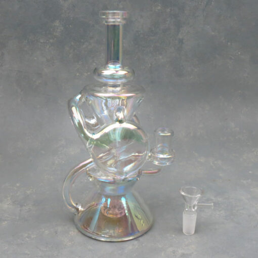 9" Iridescent Showerhead Perc to Double Puck Recycler Glass Water Pipe w/Narrow Mouthpiece