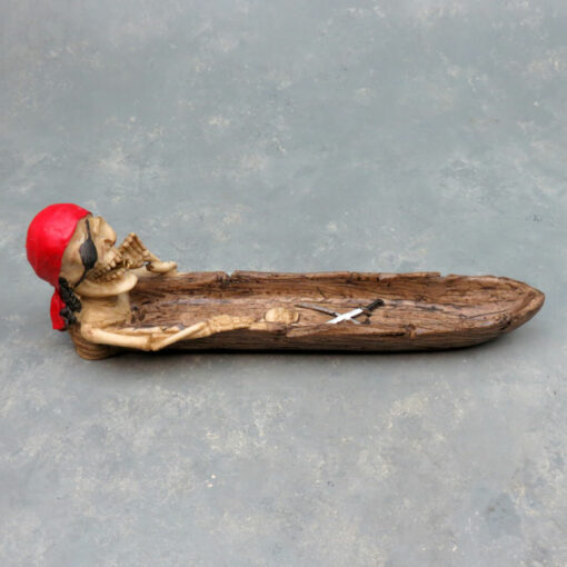 10.5" Smoking Pirate Skeleton w/Jolly Roger Boat Incense Burner