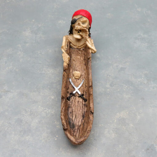 10.5" Smoking Pirate Skeleton w/Jolly Roger Boat Incense Burner