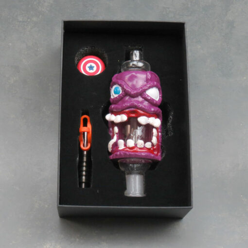 8" Dome Perc Clay Purple Toothy Monster Color-Changing LED Nectar Collector Kit w/Plastic storage Bucket & Titanium Tip