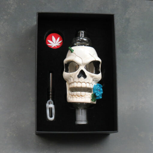 8" Dome Perc Clay Skull Color-Changing LED Nectar Collector Kit w/Plastic storage Bucket & Titanium Tip