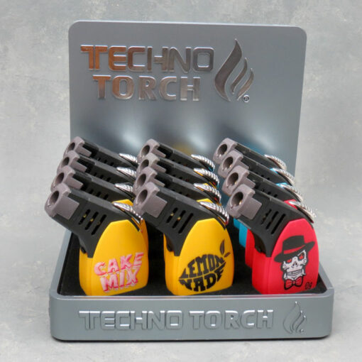 4" Techno Torch Slant Style Refillable/Adjustable Single Torch Lighters w/Cannabis Strain Designs (12pcs/box)