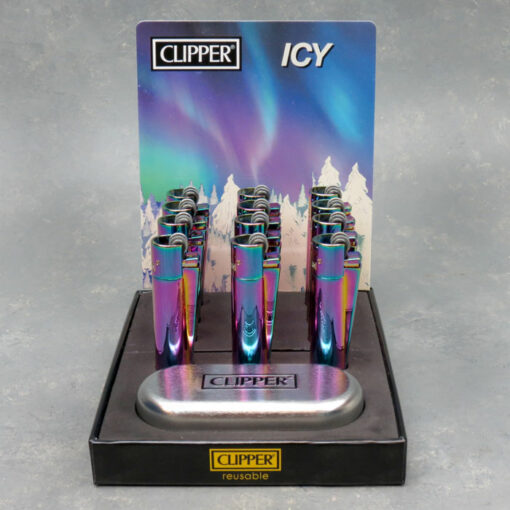 3" Clipper Icy Iridescent Metal Refillable Butane Flint Lighters w/Metal Display Boxes